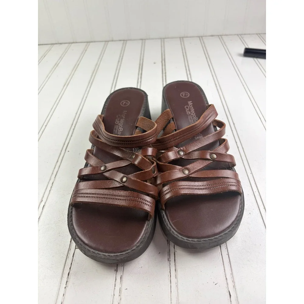 Montego Bay Vintage Y2K Brown Leather Strappy Platform Sandals Women's Size 7.5